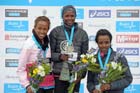 From left to left: 2nd Meseret Defar, winner Priscah Jeptoo and 3rd Tirunesh Dibaba in the womens BUPA Great North Run.